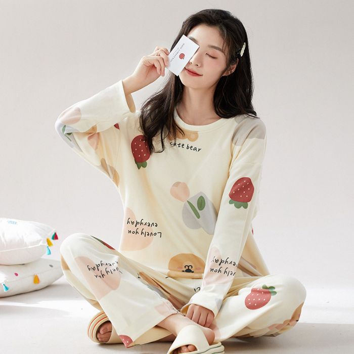 Cute cartoon new pajamas women's crew neck milk silk loose can be worn outside loungewear set