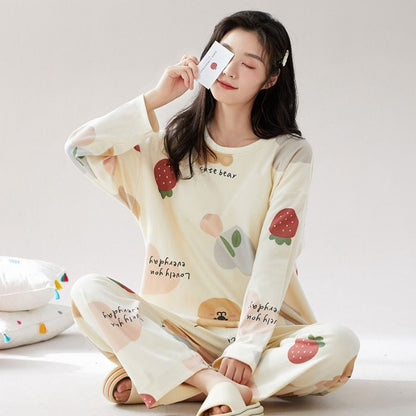 Cute cartoon new pajamas women's crew neck milk silk loose can be worn outside loungewear set