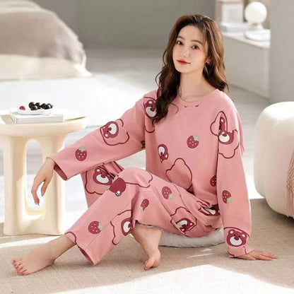 Cute cartoon new pajamas women's crew neck milk silk loose can be worn outside loungewear set
