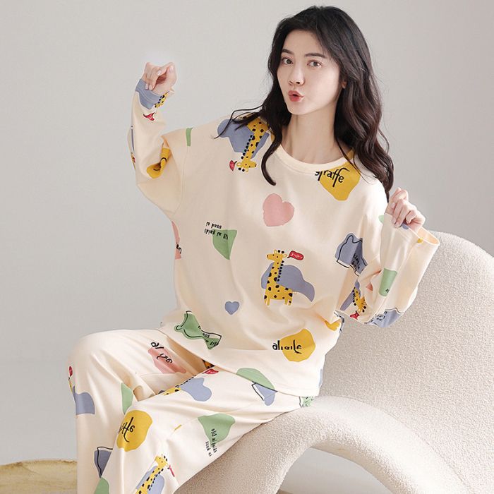 Cute cartoon new pajamas women's crew neck milk silk loose can be worn outside loungewear set