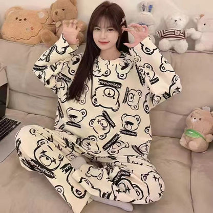 Cute cartoon new pajamas women's crew neck milk silk loose can be worn outside loungewear set