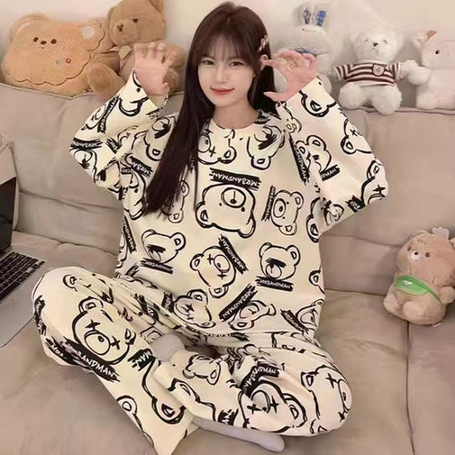 Cute cartoon new pajamas women's crew neck milk silk loose can be worn outside loungewear set