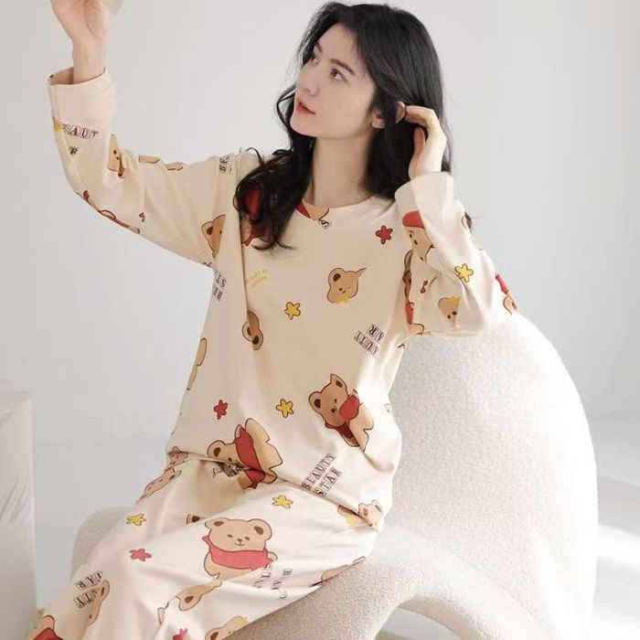 Cute cartoon new pajamas women's crew neck milk silk loose can be worn outside loungewear set