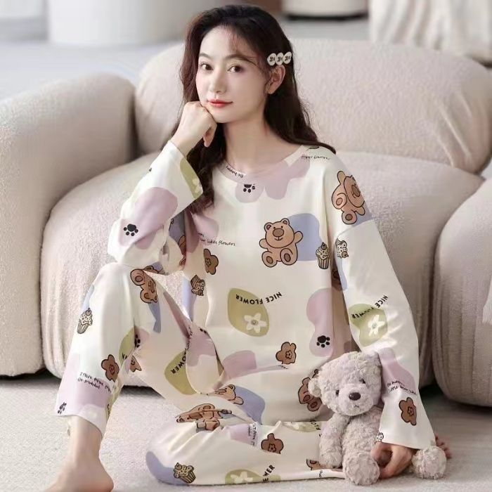 Cute cartoon new pajamas women's crew neck milk silk loose can be worn outside loungewear set