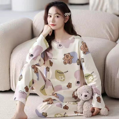 Cute cartoon new pajamas women's crew neck milk silk loose can be worn outside loungewear set