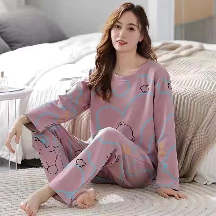 Cute cartoon new pajamas women's crew neck milk silk loose can be worn outside loungewear set