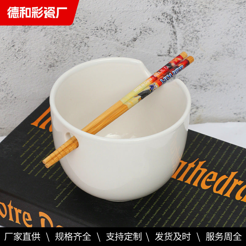 Color ceramic bowl, Nordic style household ceramic ramen bowl, large capacity ceramic bowl with chopstick holes