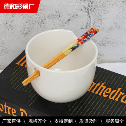 Color ceramic bowl, Nordic style household ceramic ramen bowl, large capacity ceramic bowl with chopstick holes