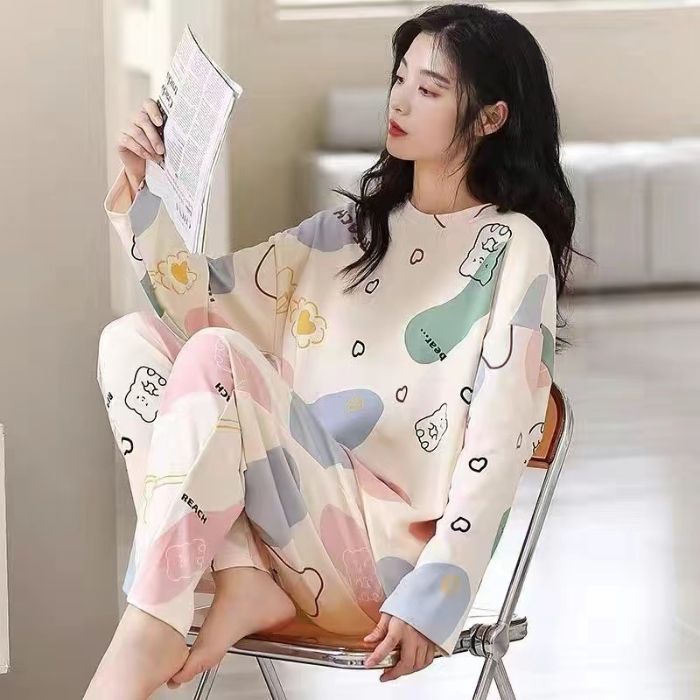 Cute cartoon new pajamas women's crew neck milk silk loose can be worn outside loungewear set