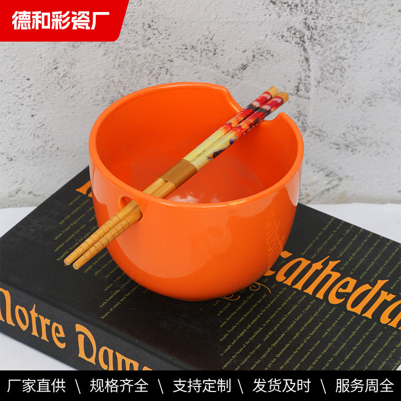 Color ceramic bowl, Nordic style household ceramic ramen bowl, large capacity ceramic bowl with chopstick holes