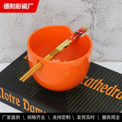 Color ceramic bowl, Nordic style household ceramic ramen bowl, large capacity ceramic bowl with chopstick holes