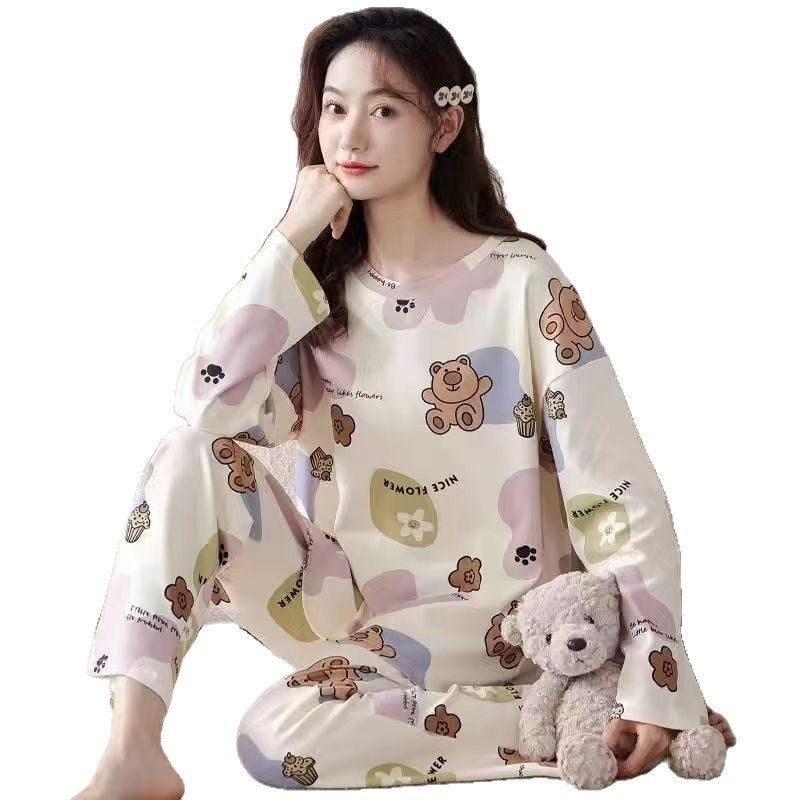 Cute cartoon new pajamas women's crew neck milk silk loose can be worn outside loungewear set