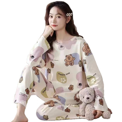 Cute cartoon new pajamas women's crew neck milk silk loose can be worn outside loungewear set